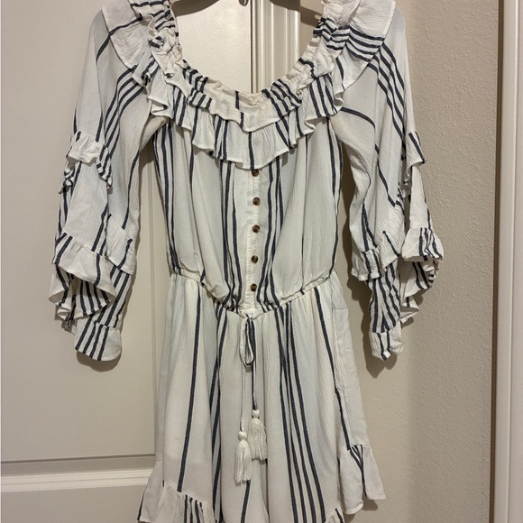 American Eagle Outfitters Pants - American Eagle Striped Ruffle Off-Shoulder Romper in Navy and White